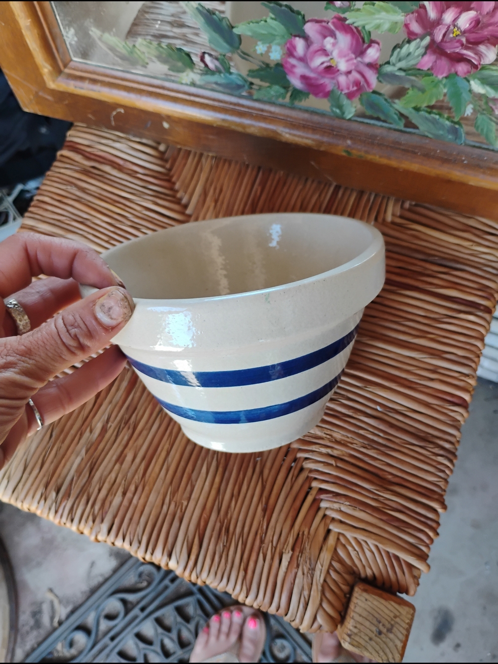 Vintage Robinson-Ransbottom Cream Ceramic Bowl with Blue Stripes
